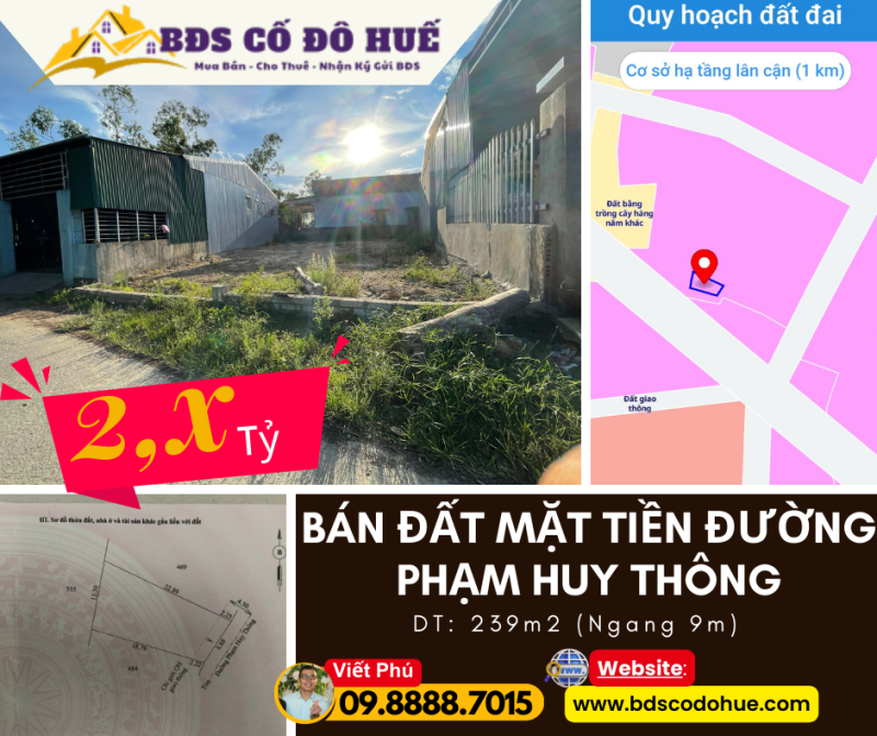 Bán đất mặt tiền đường PHẠM HUY THÔNG 239m 2.6 tỷ